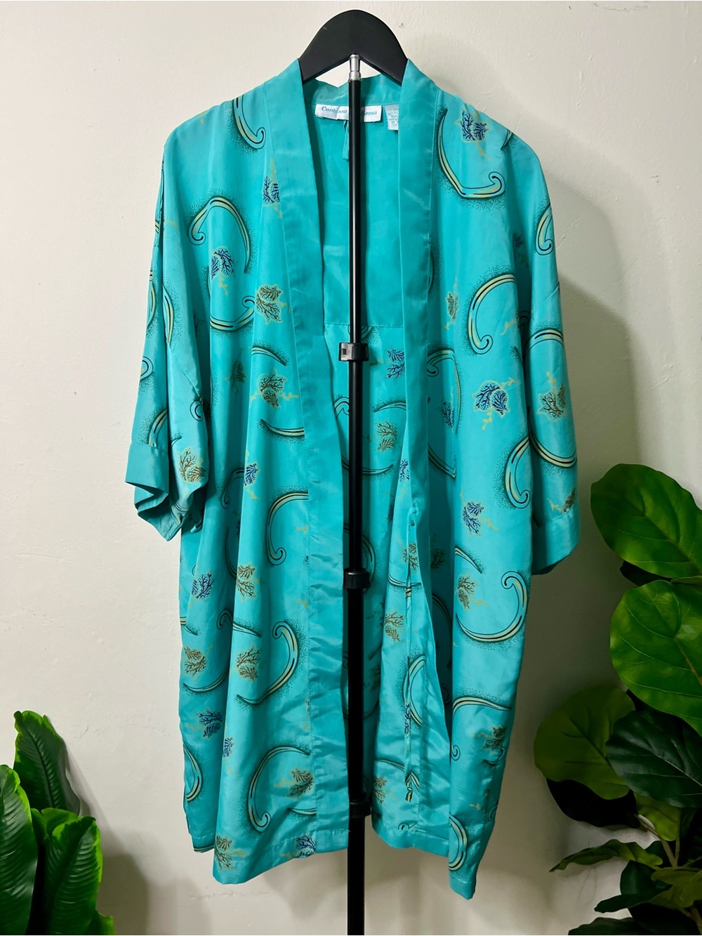 Vintage Contessa Roma Turquoise Satin Kimono Robe Paisley Print Size L